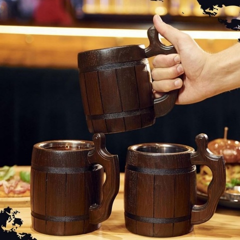 Drewniany kufel do piwa 500 ml z wkładem ze stali nierdzewnej – rustykalny